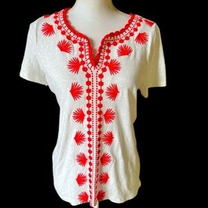 Talbots ladies embroidered top Petite M 100% cotton very good cond white and red